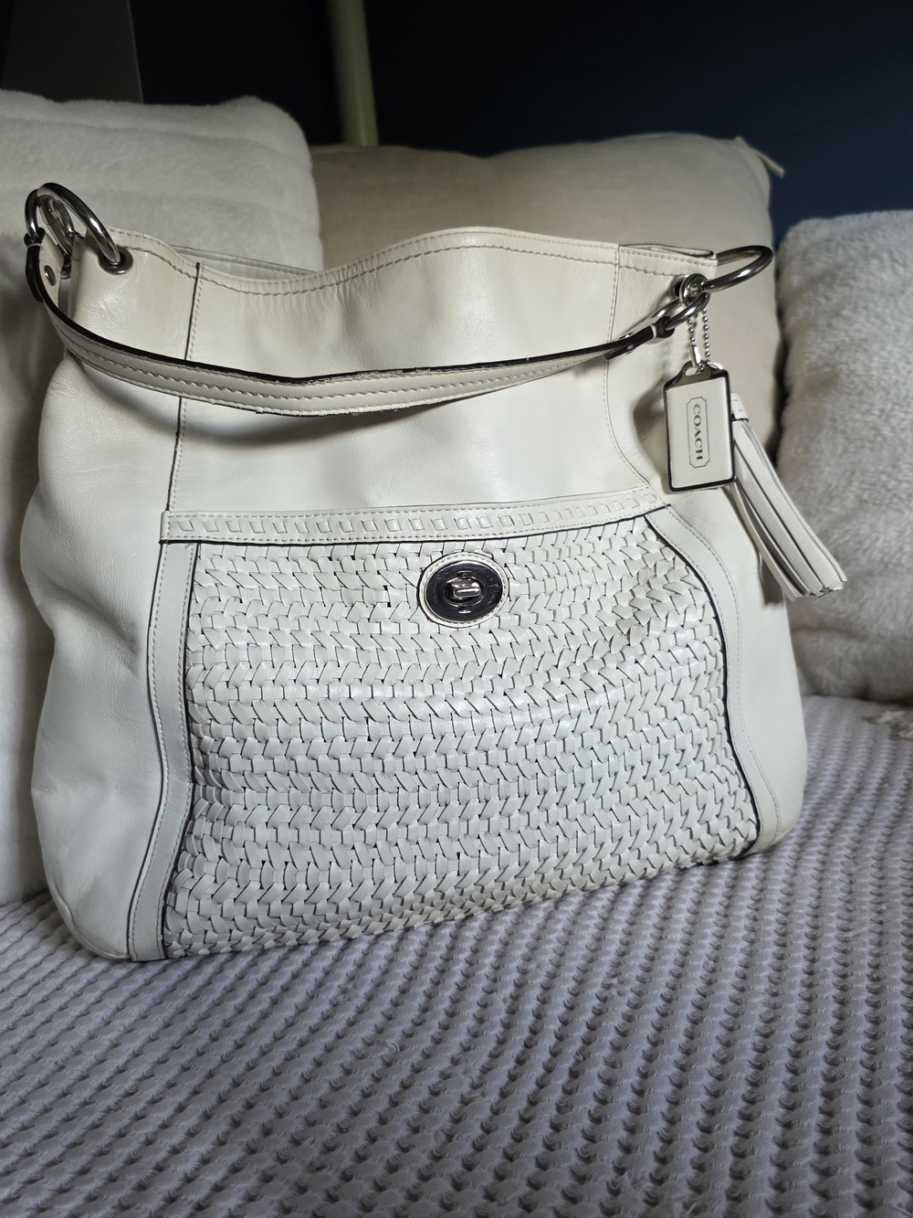 Vintage COACH Hobo White Woven Leather Shoulder Bag